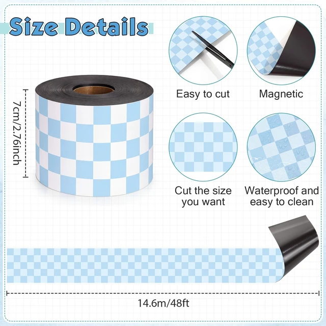Alt view image 2 of 7 - 48 ft x 2.76 Inch Magnetic Checkerboard Border,Blue Gingham Bulletin Board Trim Decoration, Reusable Whiteboard Magnetic Strips Roll for School Office Chalkboard