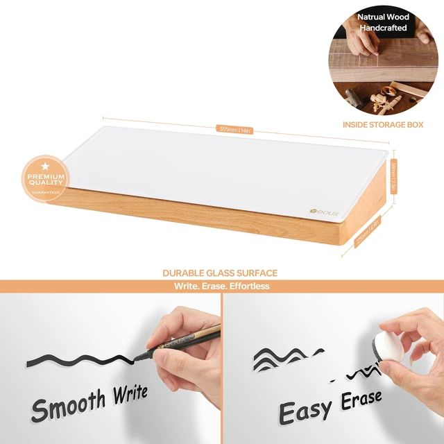 Alt view image 5 of 7 - Glass Desktop Whiteboard with Wood Organizer for Small Office Accessories, Aesthetic Desk Dry Erase White Board with Drawer for Home Office Cubicle, Marker & Eraser Included