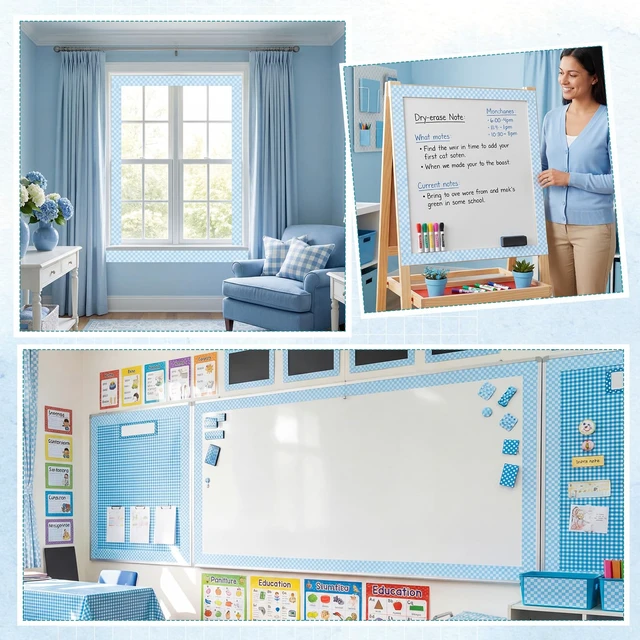 Alt view image 6 of 7 - 48 ft x 2.76 Inch Magnetic Checkerboard Border,Blue Gingham Bulletin Board Trim Decoration, Reusable Whiteboard Magnetic Strips Roll for School Office Chalkboard