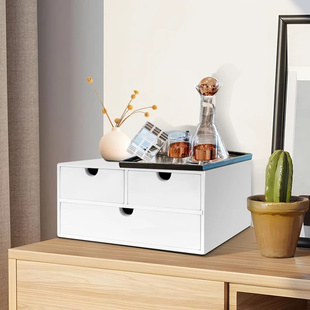 Alt view image 3 of 7 - Bamboo Desk Organizer with 3 Drawers, Countertop Organizer with Drawers Makeup Storage Drawer 3 Drawer Tabletop Storage Organization Box Home Office WorkspaceWhite