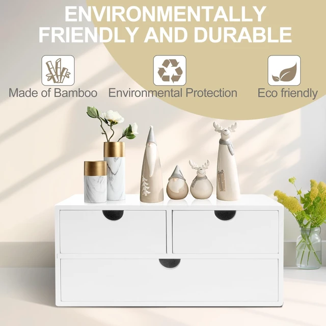 Alt view image 4 of 7 - Bamboo Desk Organizer with 3 Drawers, Countertop Organizer with Drawers Makeup Storage Drawer 3 Drawer Tabletop Storage Organization Box Home Office WorkspaceWhite