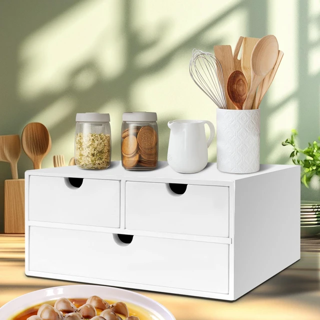 Alt view image 5 of 7 - Bamboo Desk Organizer with 3 Drawers, Countertop Organizer with Drawers Makeup Storage Drawer 3 Drawer Tabletop Storage Organization Box Home Office WorkspaceWhite