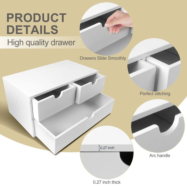 Alt view image 6 of 7 - Bamboo Desk Organizer with 3 Drawers, Countertop Organizer with Drawers Makeup Storage Drawer 3 Drawer Tabletop Storage Organization Box Home Office WorkspaceWhite