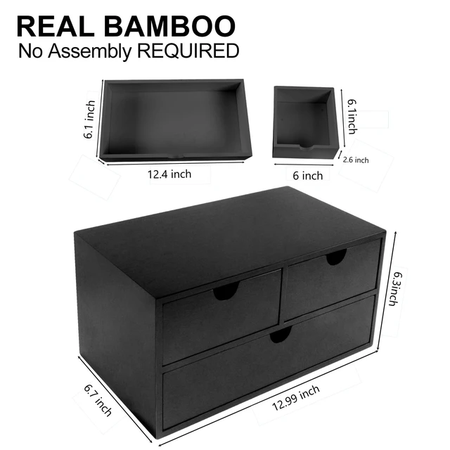 Alt view image 2 of 7 - Bamboo Desk Organizer with 3 Drawers, Countertop Organizer with Drawers Makeup Storage Drawer 3 Drawer Tabletop Storage Organization Box Home Office WorkspaceBlack