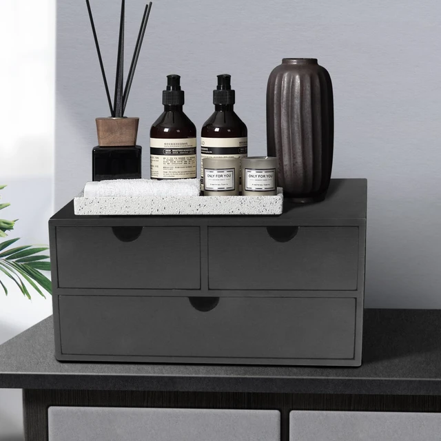 Alt view image 3 of 7 - Bamboo Desk Organizer with 3 Drawers, Countertop Organizer with Drawers Makeup Storage Drawer 3 Drawer Tabletop Storage Organization Box Home Office WorkspaceBlack