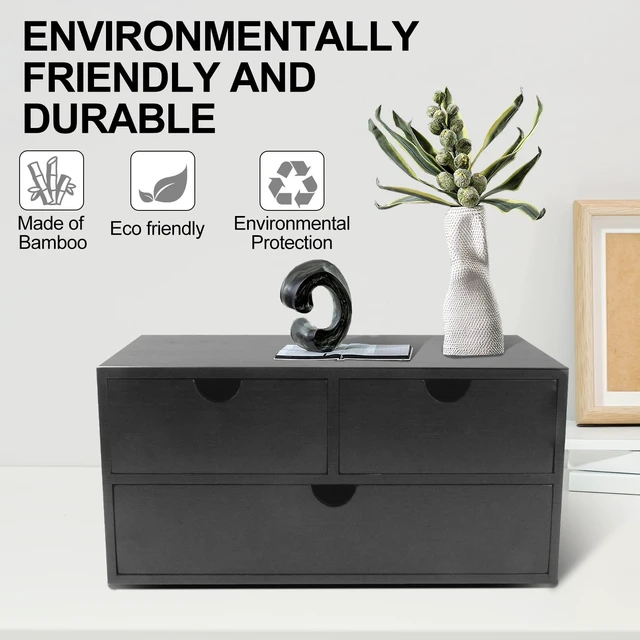 Alt view image 5 of 7 - Bamboo Desk Organizer with 3 Drawers, Countertop Organizer with Drawers Makeup Storage Drawer 3 Drawer Tabletop Storage Organization Box Home Office WorkspaceBlack