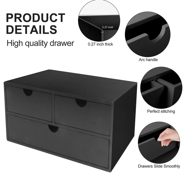 Alt view image 4 of 7 - Bamboo Desk Organizer with 3 Drawers, Countertop Organizer with Drawers Makeup Storage Drawer 3 Drawer Tabletop Storage Organization Box Home Office WorkspaceBlack