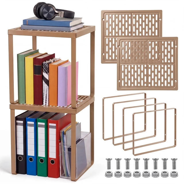 Main image of 2 Pcs Metal Locker Organizer Shelf Stackable 2-Tier, Brown Fits Standard School Office Gym Lockers, Sturdy Build, Open Grid Design for Visibility, 11x10x12 Inch Size, Hardware Included