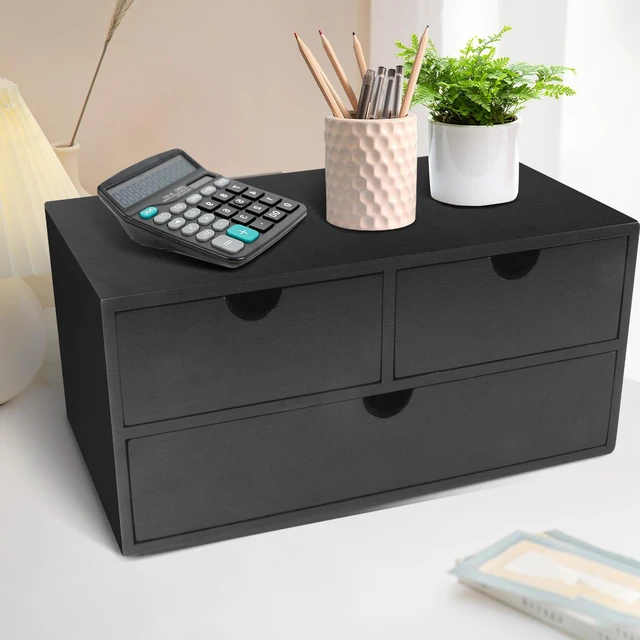 Alt view image 6 of 7 - Bamboo Desk Organizer with 3 Drawers, Countertop Organizer with Drawers Makeup Storage Drawer 3 Drawer Tabletop Storage Organization Box Home Office WorkspaceBlack