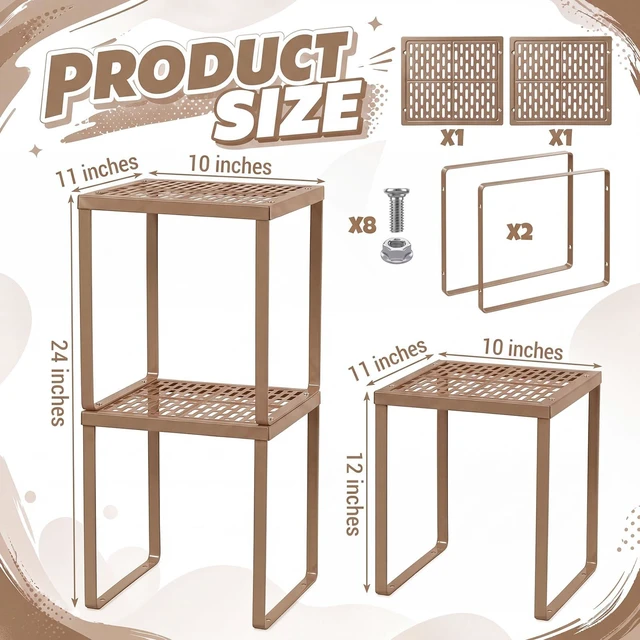 Alt view image 3 of 6 - 2 Pcs Metal Locker Organizer Shelf Stackable 2-Tier, Brown Fits Standard School Office Gym Lockers, Sturdy Build, Open Grid Design for Visibility, 11x10x12 Inch Size, Hardware Included