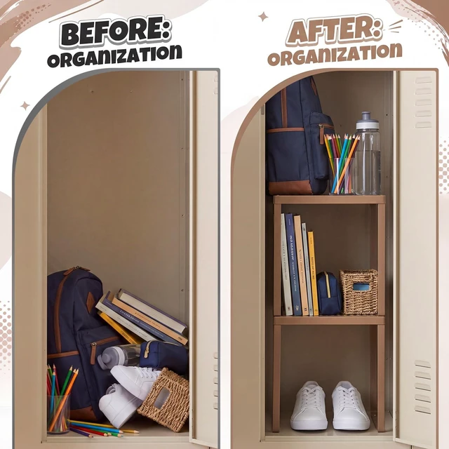 Alt view image 5 of 6 - 2 Pcs Metal Locker Organizer Shelf Stackable 2-Tier, Brown Fits Standard School Office Gym Lockers, Sturdy Build, Open Grid Design for Visibility, 11x10x12 Inch Size, Hardware Included