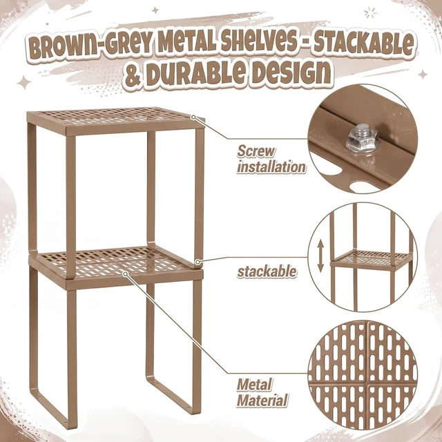 Alt view image 4 of 6 - 2 Pcs Metal Locker Organizer Shelf Stackable 2-Tier, Brown Fits Standard School Office Gym Lockers, Sturdy Build, Open Grid Design for Visibility, 11x10x12 Inch Size, Hardware Included
