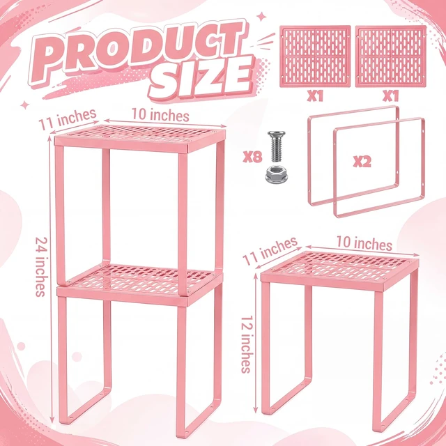 Alt view image 3 of 7 - 2 Pcs Metal Locker Organizer Shelf Stackable 2-Tier, Pink Fits Standard School Office Gym Lockers, Sturdy Build, Open Grid Design for Visibility, 11x10x12 Inch Size, Hardware Included