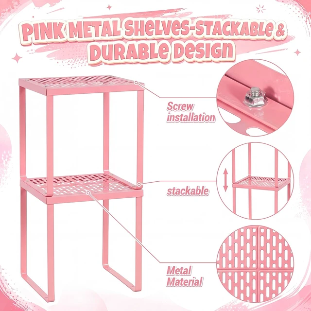 Alt view image 4 of 7 - 2 Pcs Metal Locker Organizer Shelf Stackable 2-Tier, Pink Fits Standard School Office Gym Lockers, Sturdy Build, Open Grid Design for Visibility, 11x10x12 Inch Size, Hardware Included