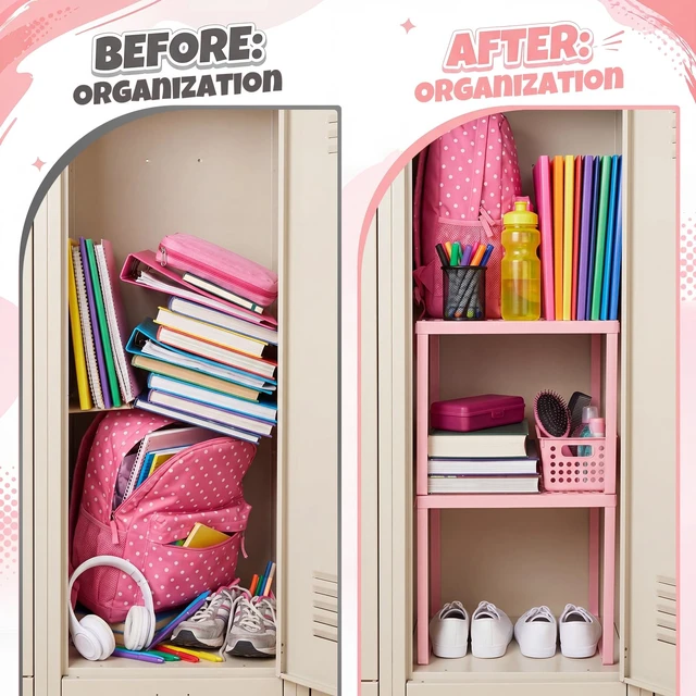 Alt view image 5 of 7 - 2 Pcs Metal Locker Organizer Shelf Stackable 2-Tier, Pink Fits Standard School Office Gym Lockers, Sturdy Build, Open Grid Design for Visibility, 11x10x12 Inch Size, Hardware Included