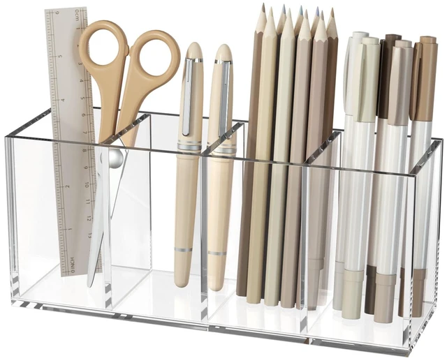 Main image of Acrylic Pen Holder 4 Compartments, Clear Desk Pencil Organizer Cup Scratch-resistant thick acrylic with 4 slots for pens, pencils, makeup brushes, office, vanity and school use