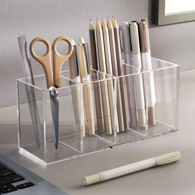 Alt view image 3 of 5 - Acrylic Pen Holder 4 Compartments, Clear Desk Pencil Organizer Cup Scratch-resistant thick acrylic with 4 slots for pens, pencils, makeup brushes, office, vanity and school use