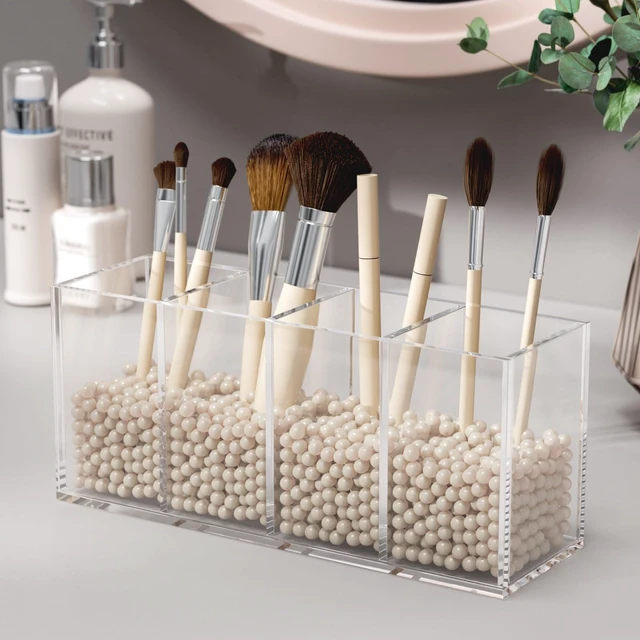 Alt view image 4 of 5 - Acrylic Pen Holder 4 Compartments, Clear Desk Pencil Organizer Cup Scratch-resistant thick acrylic with 4 slots for pens, pencils, makeup brushes, office, vanity and school use