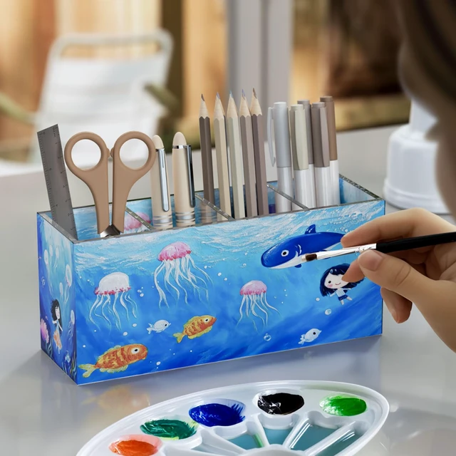 Alt view image 5 of 5 - Acrylic Pen Holder 4 Compartments, Clear Desk Pencil Organizer Cup Scratch-resistant thick acrylic with 4 slots for pens, pencils, makeup brushes, office, vanity and school use