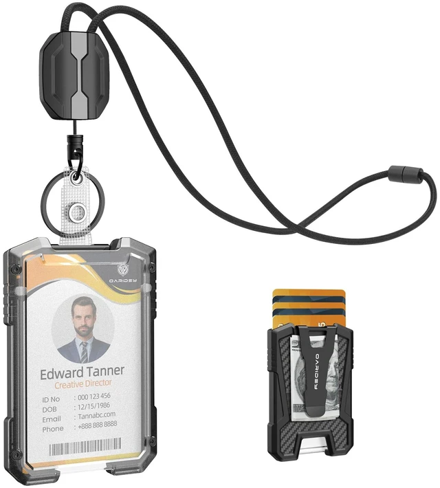 Main image of Retractable Lanyards for ID Badges Holder, Holds 5 Cards & 10 Bills Badge Reel with ID Card Holder, Breakaway Lanyard, Bearing 4.0 oz, Black