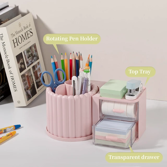 Alt view image 3 of 6 - Rotating Pen Holder for Desk Removable Pencil Cup, Large Pink 7 Slots Pen Cup Cute Office Supplies and Accessories Plastic Desktop Storage Box Art Caddy for School, Work, Home