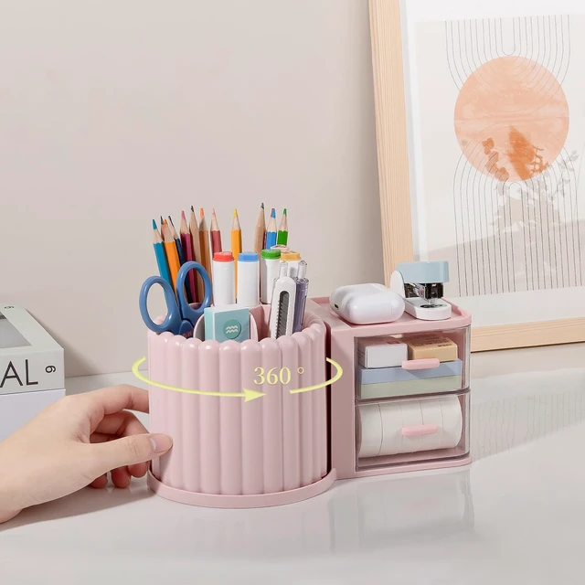 Alt view image 2 of 6 - Rotating Pen Holder for Desk Removable Pencil Cup, Large Pink 7 Slots Pen Cup Cute Office Supplies and Accessories Plastic Desktop Storage Box Art Caddy for School, Work, Home