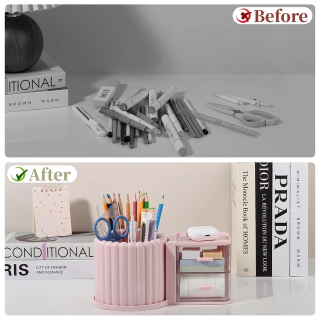 Alt view image 5 of 6 - Rotating Pen Holder for Desk Removable Pencil Cup, Large Pink 7 Slots Pen Cup Cute Office Supplies and Accessories Plastic Desktop Storage Box Art Caddy for School, Work, Home