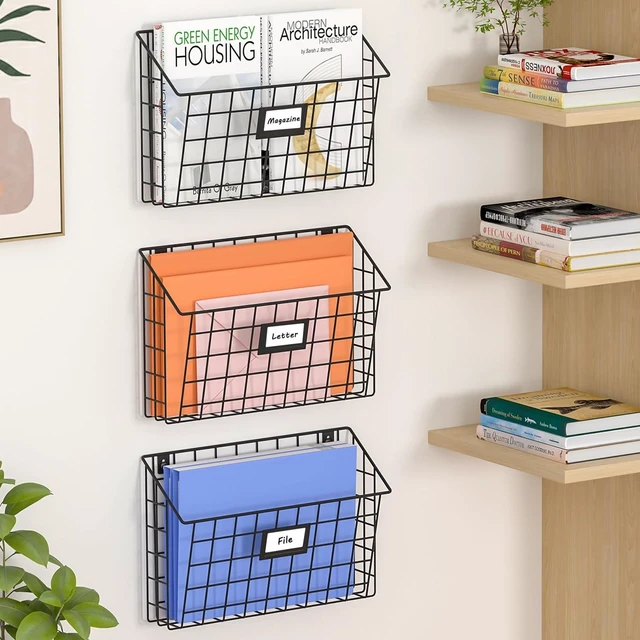Main image of 3-Tier Detachable Hanging Wall Files, Wall Mounted Mail Basket Metal Folder Wall File Holder with Tag Slot, Mounts on Wall and Door for Office, Home, and Work Easy Organizing,Black