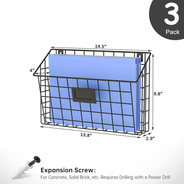 Alt view image 3 of 7 - 3-Tier Detachable Hanging Wall Files, Wall Mounted Mail Basket Metal Folder Wall File Holder with Tag Slot, Mounts on Wall and Door for Office, Home, and Work Easy Organizing,Black