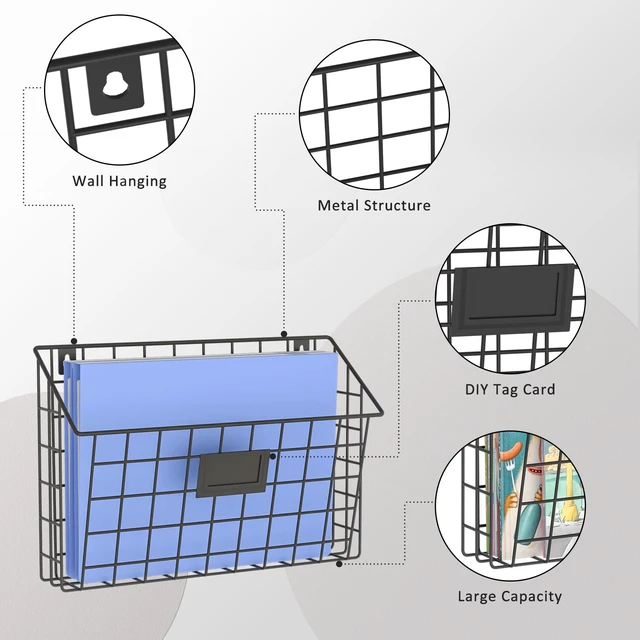 Alt view image 4 of 7 - 3-Tier Detachable Hanging Wall Files, Wall Mounted Mail Basket Metal Folder Wall File Holder with Tag Slot, Mounts on Wall and Door for Office, Home, and Work Easy Organizing,Black