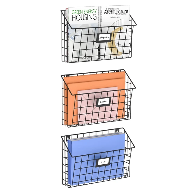 Alt view image 7 of 7 - 3-Tier Detachable Hanging Wall Files, Wall Mounted Mail Basket Metal Folder Wall File Holder with Tag Slot, Mounts on Wall and Door for Office, Home, and Work Easy Organizing,Black