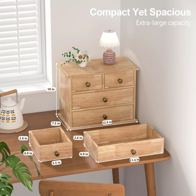 Alt view image 2 of 6 - Oak Desk Organizer with Drawers, Durable Wooden Desktop Storage Box 4 Drawer Tabletop Organizer with Metal Handle & Non-Slip Pad for Office, Bedroom, Bathroom, Vanity, Makeup, Light Burnt Brown