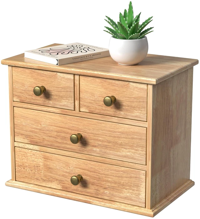 Main image of Oak Desk Organizer with Drawers, Durable Wooden Desktop Storage Box 4 Drawer Tabletop Organizer with Metal Handle & Non-Slip Pad for Office, Bedroom, Bathroom, Vanity, Makeup, Light Burnt Brown