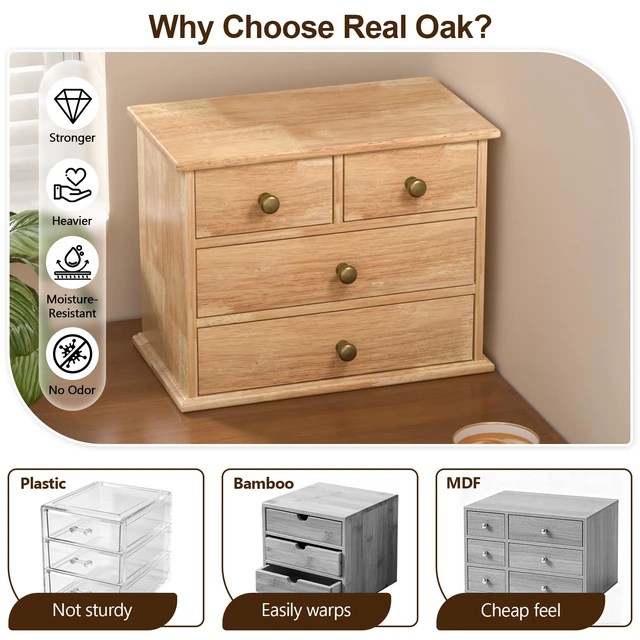 Alt view image 3 of 6 - Oak Desk Organizer with Drawers, Durable Wooden Desktop Storage Box 4 Drawer Tabletop Organizer with Metal Handle & Non-Slip Pad for Office, Bedroom, Bathroom, Vanity, Makeup, Light Burnt Brown