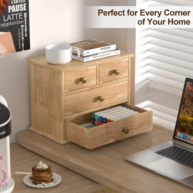 Alt view image 4 of 6 - Oak Desk Organizer with Drawers, Durable Wooden Desktop Storage Box 4 Drawer Tabletop Organizer with Metal Handle & Non-Slip Pad for Office, Bedroom, Bathroom, Vanity, Makeup, Light Burnt Brown