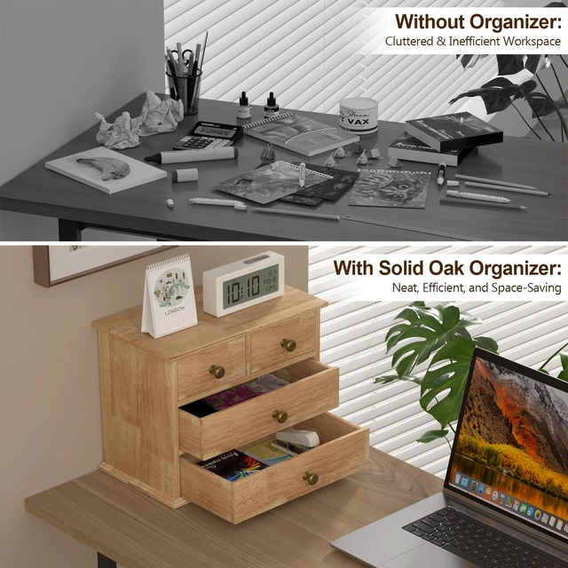 Alt view image 5 of 6 - Oak Desk Organizer with Drawers, Durable Wooden Desktop Storage Box 4 Drawer Tabletop Organizer with Metal Handle & Non-Slip Pad for Office, Bedroom, Bathroom, Vanity, Makeup, Light Burnt Brown
