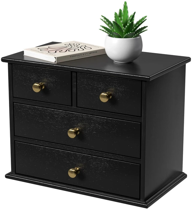 Main image of Oak Desk Organizer with Drawers, Durable Wooden Desktop Storage Box 4 Drawer Tabletop Organizer with Metal Handles & Non-Slip Pads for Office, Bedroom, Bathroom, Vanity & Makeup Storage, Black