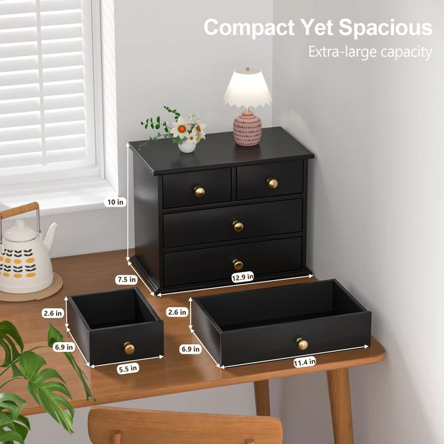 Alt view image 2 of 6 - Oak Desk Organizer with Drawers, Durable Wooden Desktop Storage Box 4 Drawer Tabletop Organizer with Metal Handles & Non-Slip Pads for Office, Bedroom, Bathroom, Vanity & Makeup Storage, Black