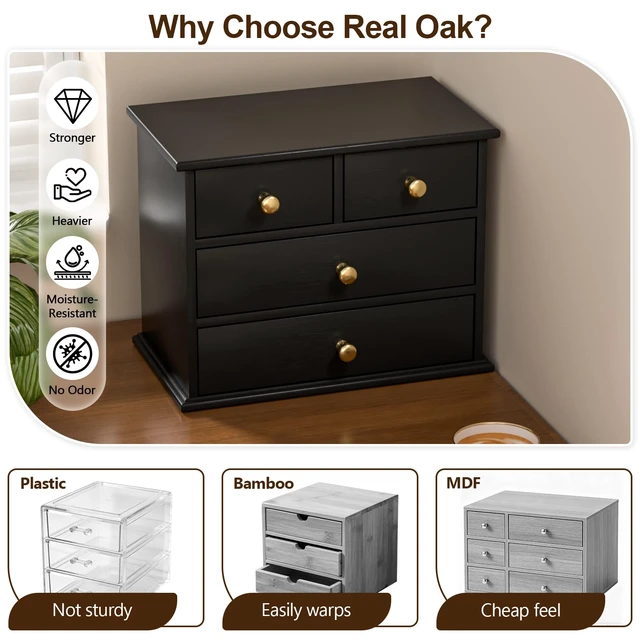 Alt view image 3 of 6 - Oak Desk Organizer with Drawers, Durable Wooden Desktop Storage Box 4 Drawer Tabletop Organizer with Metal Handles & Non-Slip Pads for Office, Bedroom, Bathroom, Vanity & Makeup Storage, Black