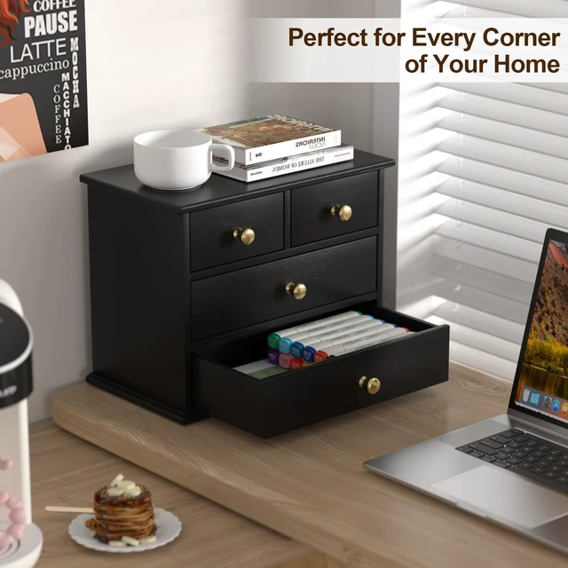 Alt view image 4 of 6 - Oak Desk Organizer with Drawers, Durable Wooden Desktop Storage Box 4 Drawer Tabletop Organizer with Metal Handles & Non-Slip Pads for Office, Bedroom, Bathroom, Vanity & Makeup Storage, Black