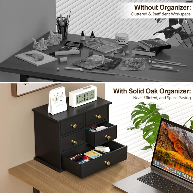 Alt view image 5 of 6 - Oak Desk Organizer with Drawers, Durable Wooden Desktop Storage Box 4 Drawer Tabletop Organizer with Metal Handles & Non-Slip Pads for Office, Bedroom, Bathroom, Vanity & Makeup Storage, Black