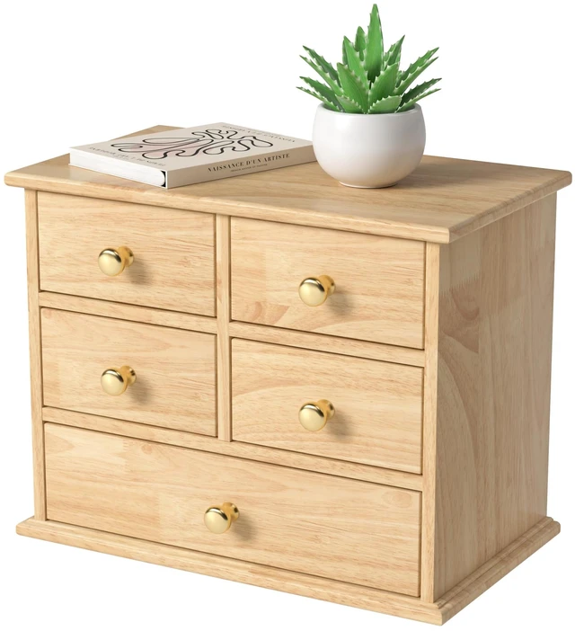 Main image of Oak Desk Organizer with Drawers, Durable Wooden Desktop Storage Box 5 Drawer Tabletop Organizer with Metal Handles & Non-Slip Pads for Office, Bedroom, Bathroom, Vanity, Makeup Storage, Natural