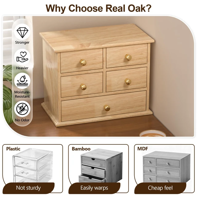 Alt view image 3 of 6 - Oak Desk Organizer with Drawers, Durable Wooden Desktop Storage Box 5 Drawer Tabletop Organizer with Metal Handles & Non-Slip Pads for Office, Bedroom, Bathroom, Vanity, Makeup Storage, Natural