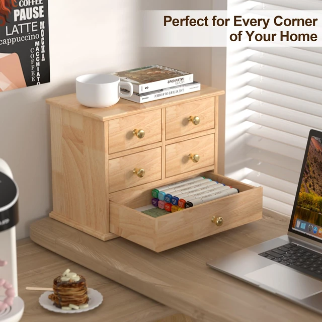 Alt view image 4 of 6 - Oak Desk Organizer with Drawers, Durable Wooden Desktop Storage Box 5 Drawer Tabletop Organizer with Metal Handles & Non-Slip Pads for Office, Bedroom, Bathroom, Vanity, Makeup Storage, Natural