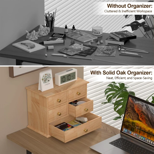 Alt view image 5 of 6 - Oak Desk Organizer with Drawers, Durable Wooden Desktop Storage Box 5 Drawer Tabletop Organizer with Metal Handles & Non-Slip Pads for Office, Bedroom, Bathroom, Vanity, Makeup Storage, Natural