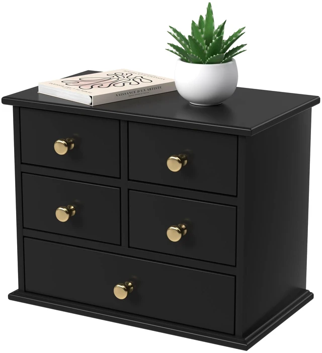 Main image of Oak Desk Organizer with Drawers, Durable Wooden Desktop Storage Box 5 Drawer Tabletop Organizer with Metal Handles & Non-Slip Pads for Office, Bedroom, Bathroom, Vanity & Makeup Storage, Black