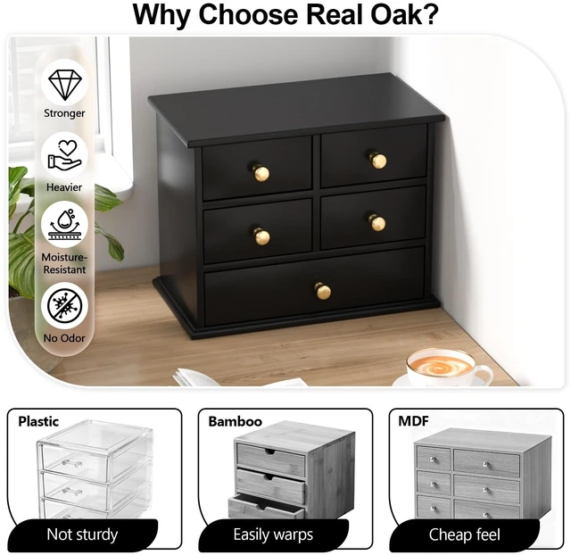 Alt view image 3 of 6 - Oak Desk Organizer with Drawers, Durable Wooden Desktop Storage Box 5 Drawer Tabletop Organizer with Metal Handles & Non-Slip Pads for Office, Bedroom, Bathroom, Vanity & Makeup Storage, Black