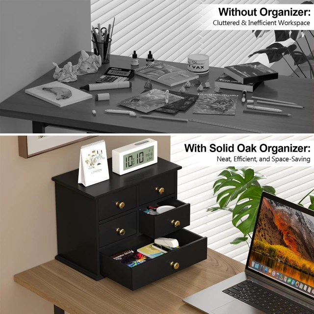 Alt view image 5 of 6 - Oak Desk Organizer with Drawers, Durable Wooden Desktop Storage Box 5 Drawer Tabletop Organizer with Metal Handles & Non-Slip Pads for Office, Bedroom, Bathroom, Vanity & Makeup Storage, Black