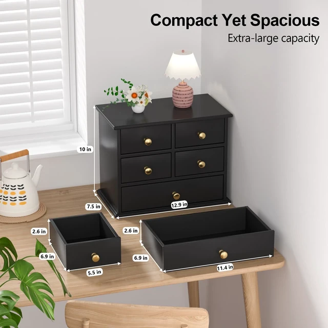 Alt view image 2 of 6 - Oak Desk Organizer with Drawers, Durable Wooden Desktop Storage Box 5 Drawer Tabletop Organizer with Metal Handles & Non-Slip Pads for Office, Bedroom, Bathroom, Vanity & Makeup Storage, Black
