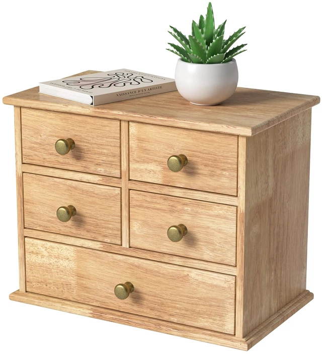 Main image of Oak Desk Organizer with Drawers, Durable Wooden Desktop Storage Box 5 Drawer Tabletop Organizer with Metal Handle & Non-Slip Pad for Office, Bedroom, Bathroom, Vanity, Makeup, Light Burnt Brown